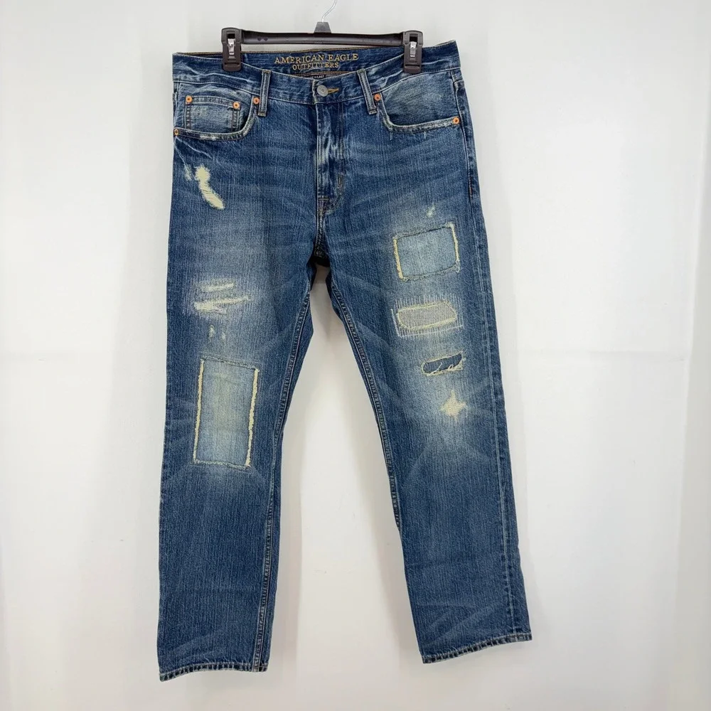American Eagle Slim Straight Distressed Jeans Blue Mens 33x30 Indie Skate Grunge